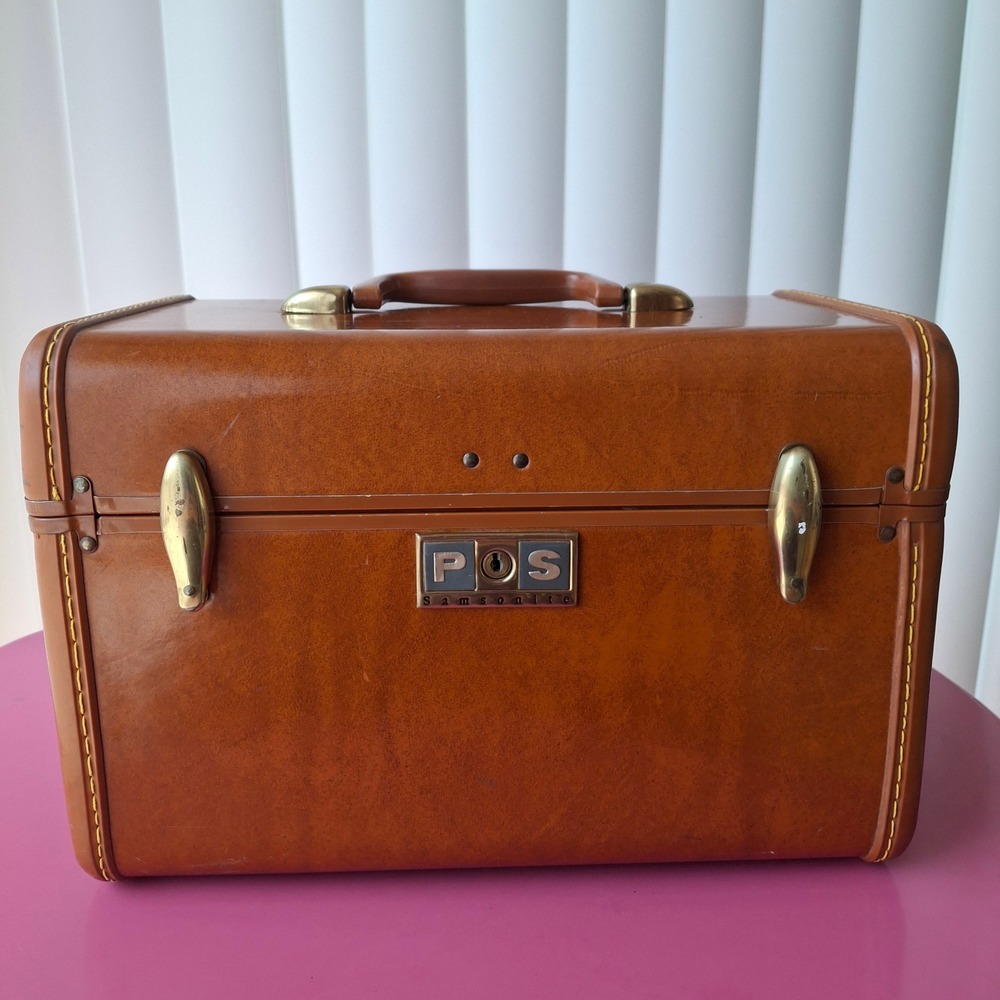 Vintage Samsonite Train Case Tan Brown Faux Leather Hard Shell Luggage Lock Keys